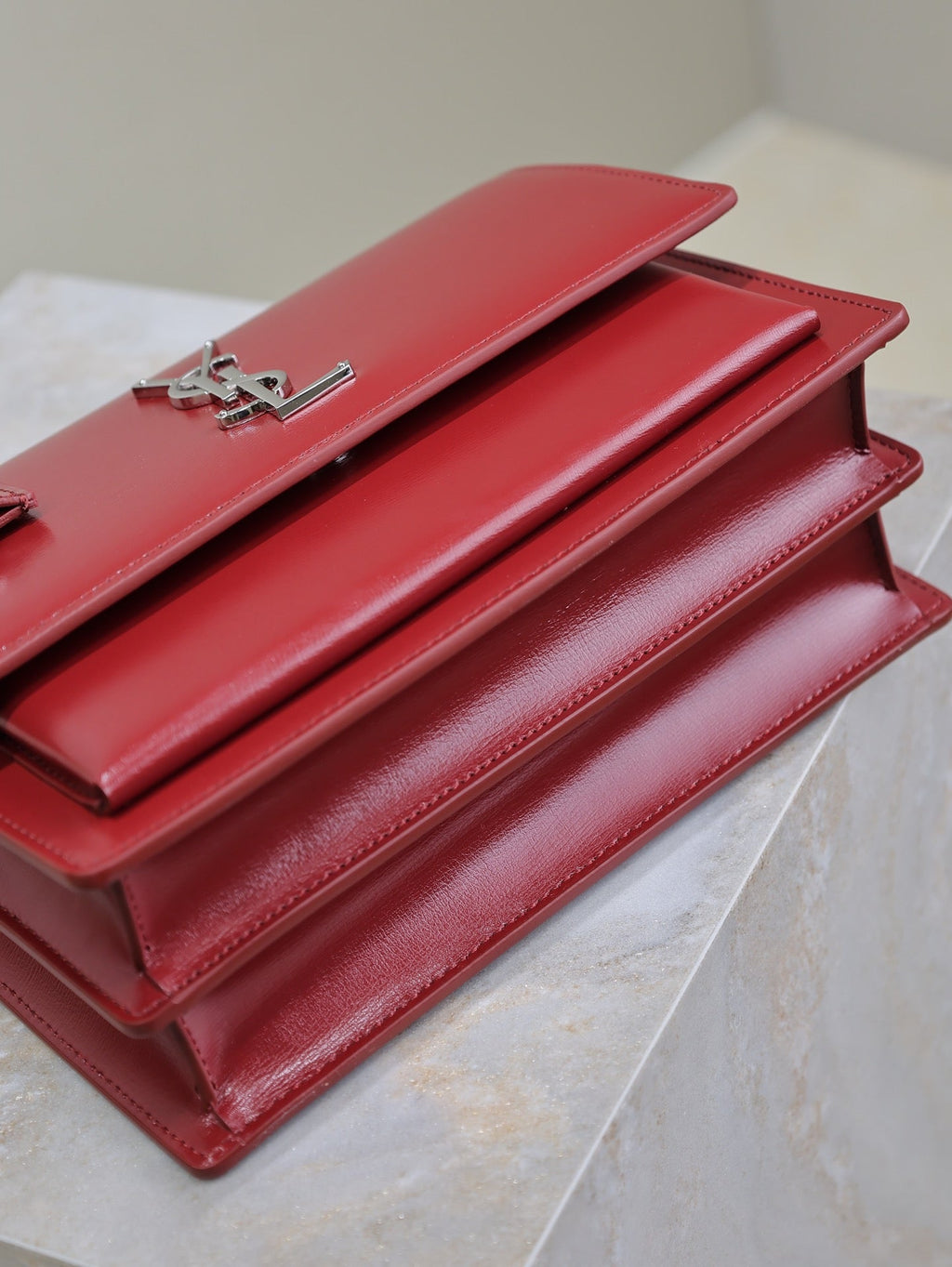 YSL 25S SUNSET BAG 22 IN CRIMSON RED CALFSKIN SILVER HARDWRE