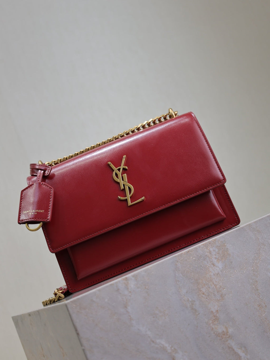 YSL 25S SUNSET BAG 22 IN CRIMSON RED CALFSKIN GOLD HARDWRE