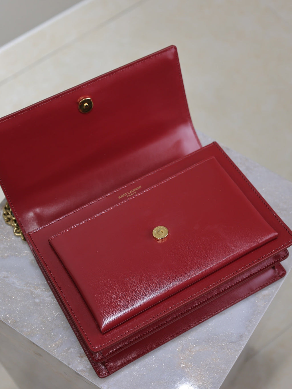 YSL 25S SUNSET BAG 22 IN CRIMSON RED CALFSKIN GOLD HARDWARE
