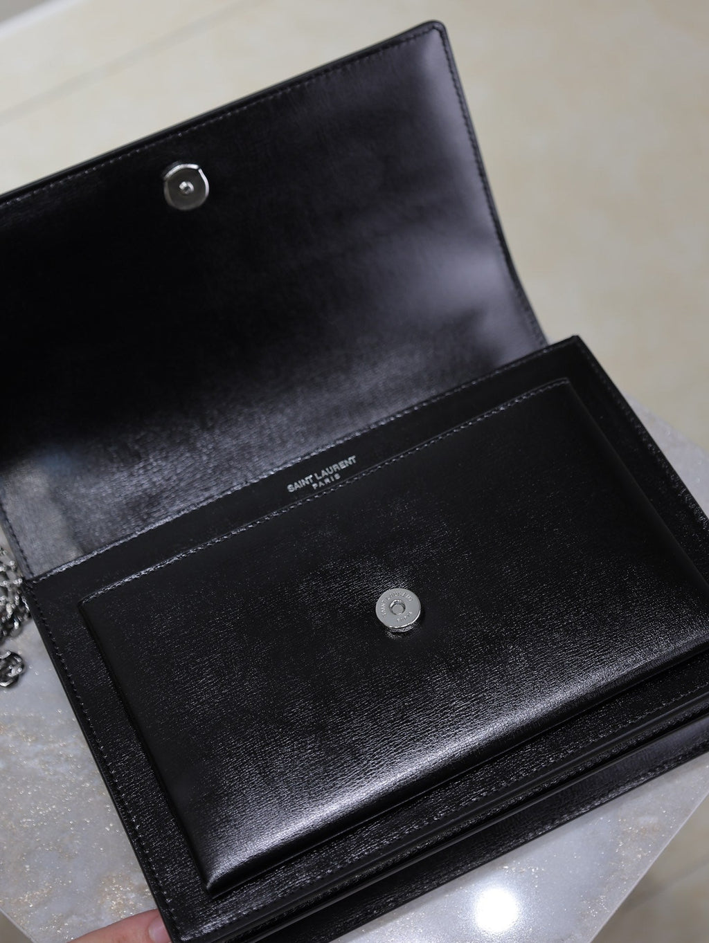 YSL 25S SUNSET BAG 22 IN BLACK CALFSKIN SILVER HARDWRE