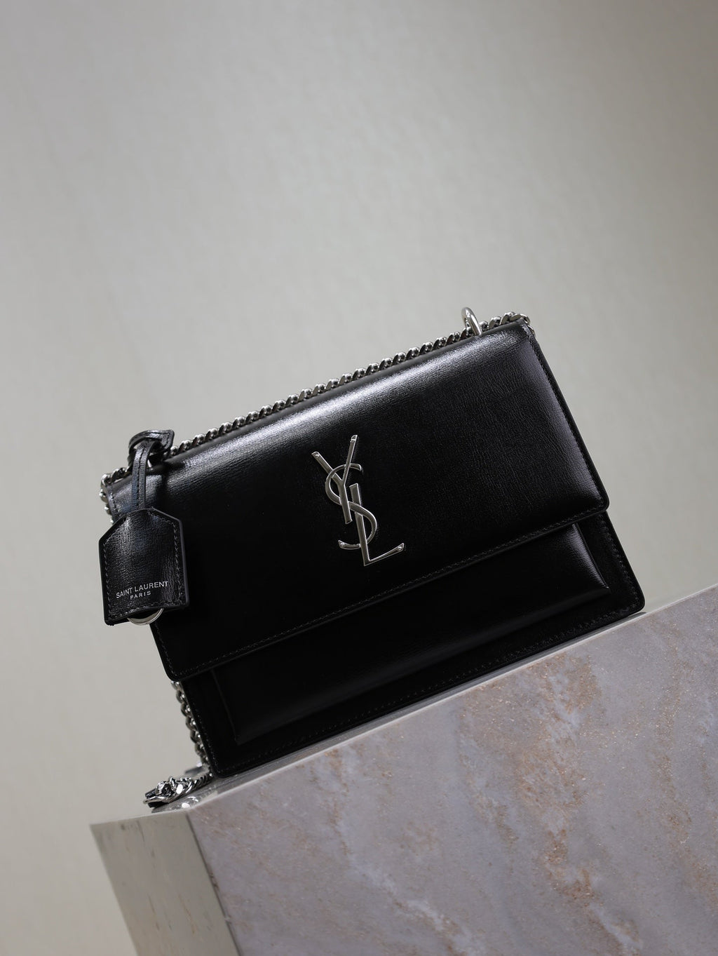 YSL 25S SUNSET BAG 22 IN BLACK CALFSKIN SILVER HARDWRE