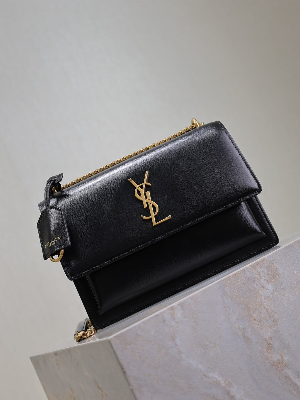 YSL 25S SUNSET BAG 22 IN BLACK CALFSKIN GOLD HARDWRE
