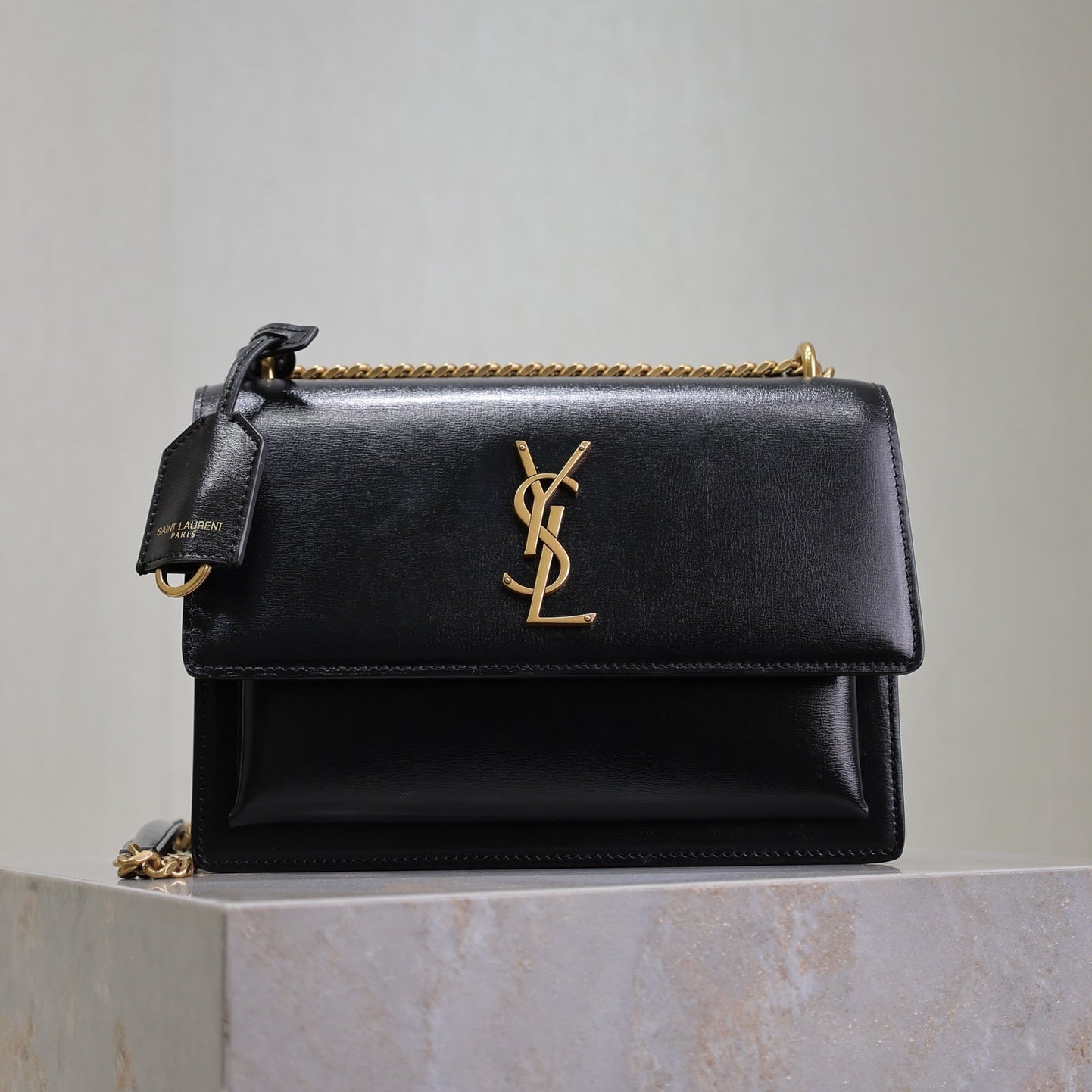 YSL 25S SUNSET BAG 22 IN BLACK CALFSKIN GOLD HARDWRE