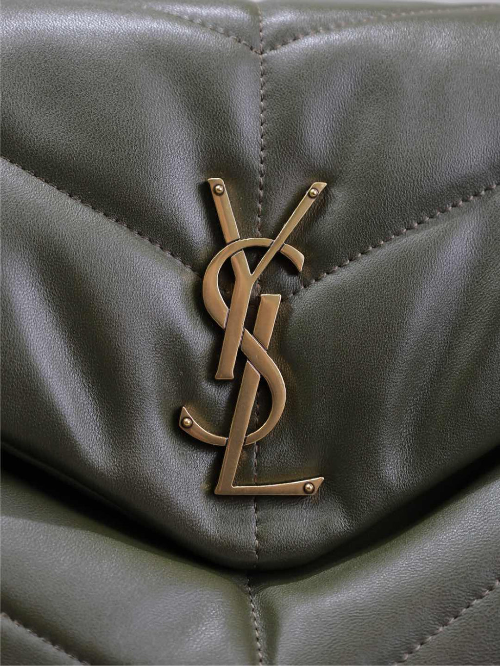 YSL 25S LOULOU PUFFER GM 35 IN DARK OLIVE CALFSKIN GOLD HARDWARE