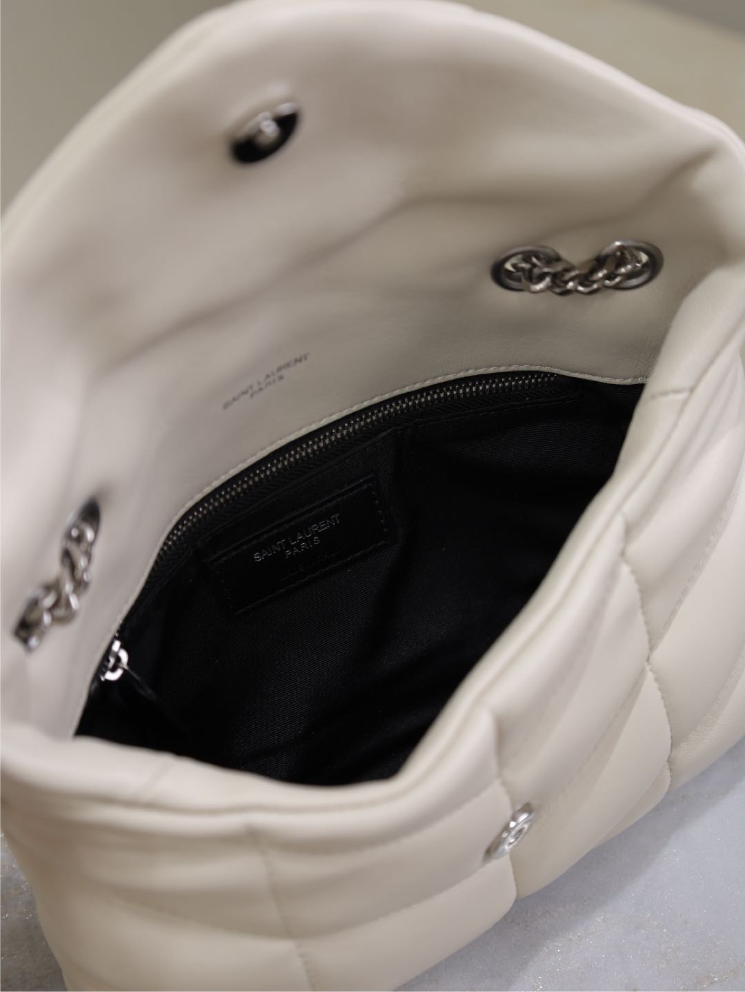 YSL 25S LOULOU PUFFER MINI 23 IN SMOKEY TAUPE CALFSKIN SILVER HARDWARE