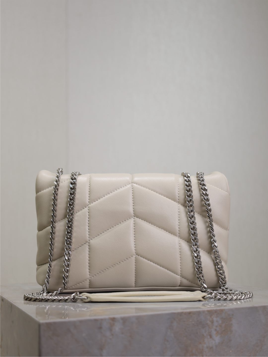 YSL 25S LOULOU PUFFER MINI 23 IN SMOKEY TAUPE CALFSKIN SILVER HARDWRE