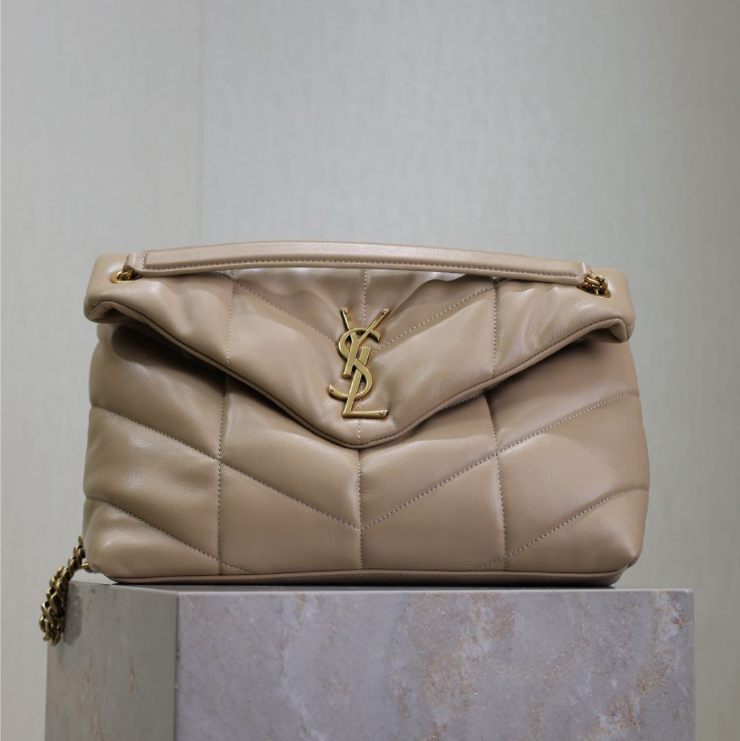 YSL 25S LOULOU PUFFER GM 35 IN BROWN CALFSKIN GOLD HARDWRE