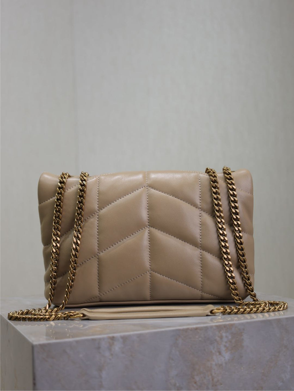 YSL 25S LOULOU PUFFER MINI 23 IN BROWN CALFSKIN GOLD HARDWARE