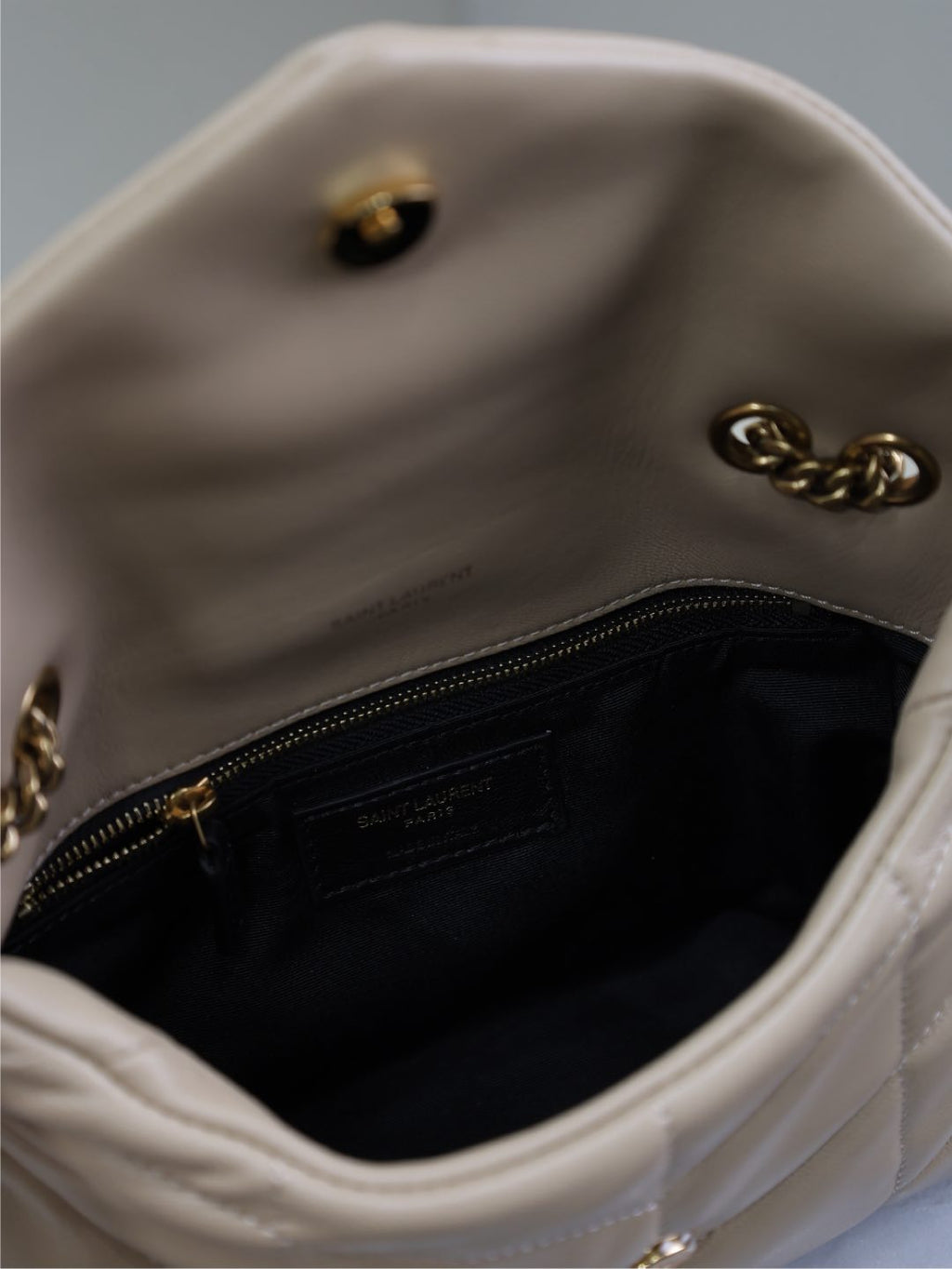 YSL 25S LOULOU PUFFER MINI 23 IN BROWN CALFSKIN GOLD HARDWRE