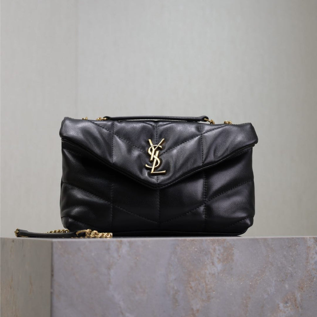 YSL 25S LOULOU PUFFER MINI 23 IN BLACK CALFSKIN GOLD HARDWARE
