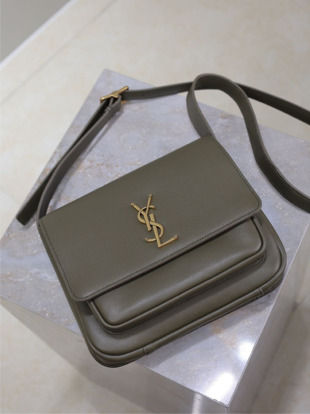 YSL 25S NIKI BABY 22 IN DARK OLIVE BROWN CALFSKIN GOLD HARDWRE