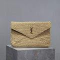 YSL 25S CASSANDRE LARGE ENVELOPE POUCH 29 IN NATURAL RAFFIA GOLD HARDWARE