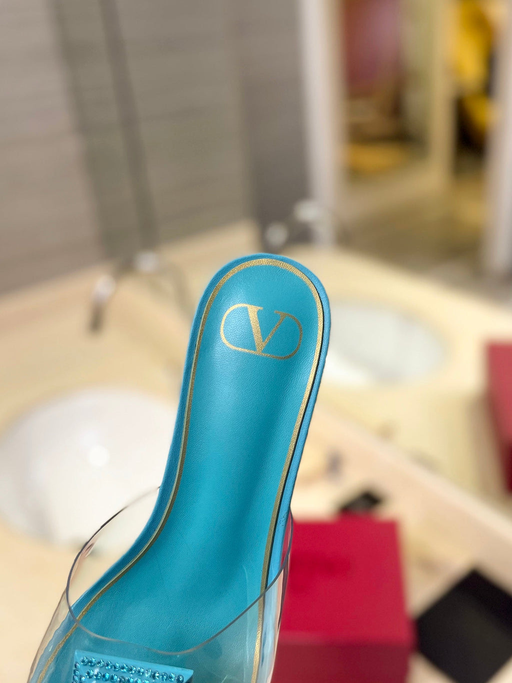 HIGH MULE 60MM IN AQUA BLUE SHEEPSKIN AND TRANSPARENT PVC