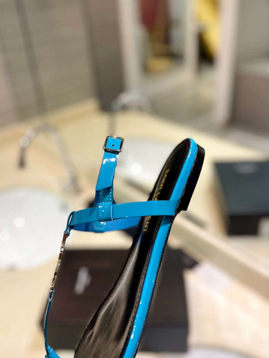 SL CASSANDRA SANDALS CERULEAN POLISHED CALFSKIN