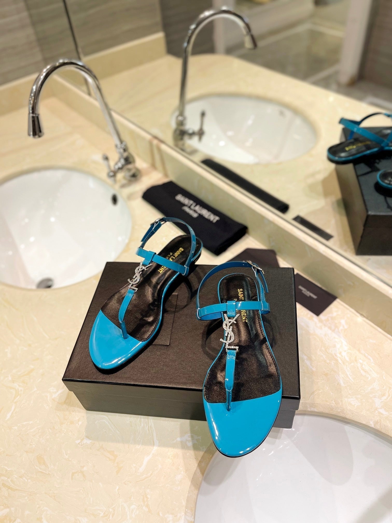 SL CASSANDRA SANDALS CERULEAN POLISHED CALFSKIN