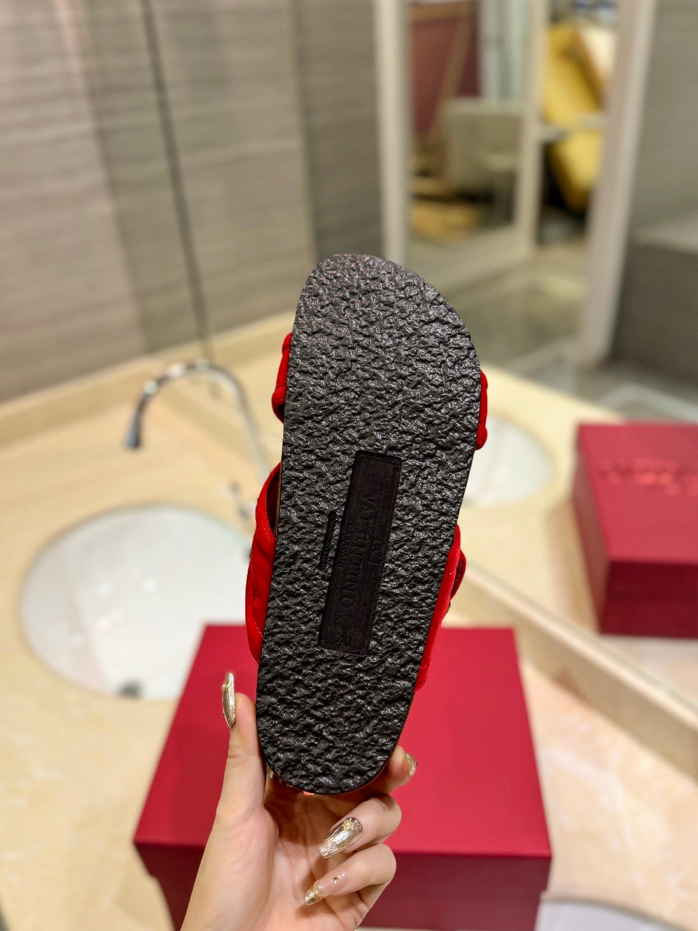 FUSSFRIEND CHERRY RED SILK VELVET SLIDE SANDALS