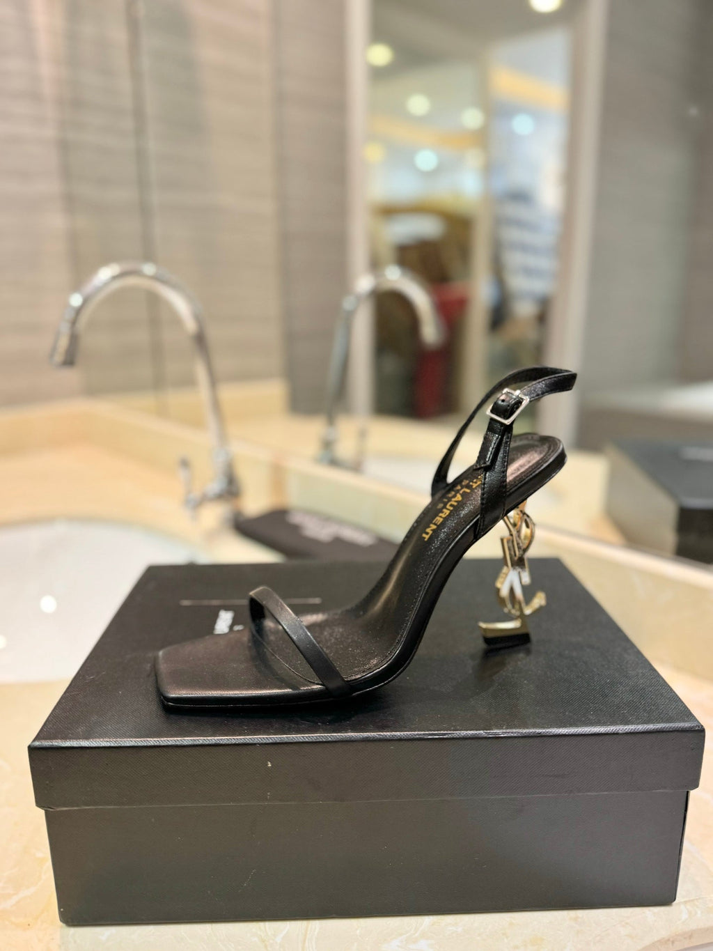 SL OPYUM SANDALS 80 BLACK AND GOLD CALFSKIN