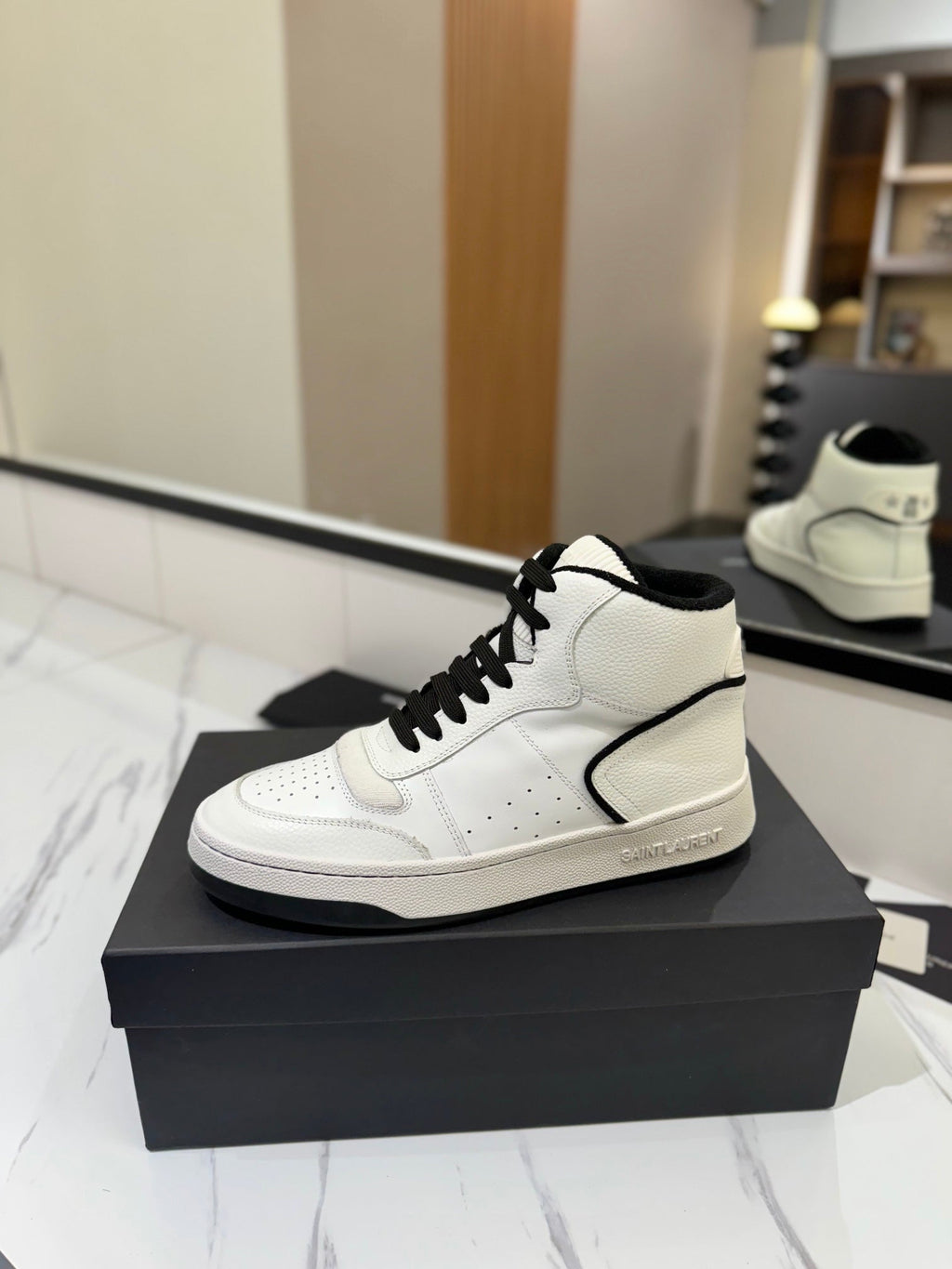 MID-TOP SNEAKERS IN WHITE AND BLACK TRIM PERFORATED LAMBSKIN
