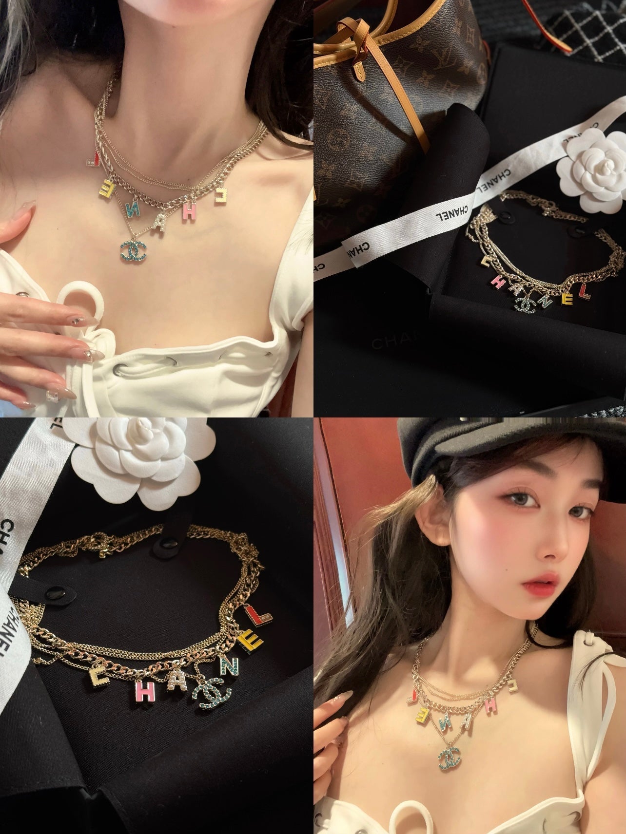 VINTAGE MULTI-LAYER ENAMEL LETTER NECKLACE IN COLORFUL BLUE DIAMOND DOUBLE C