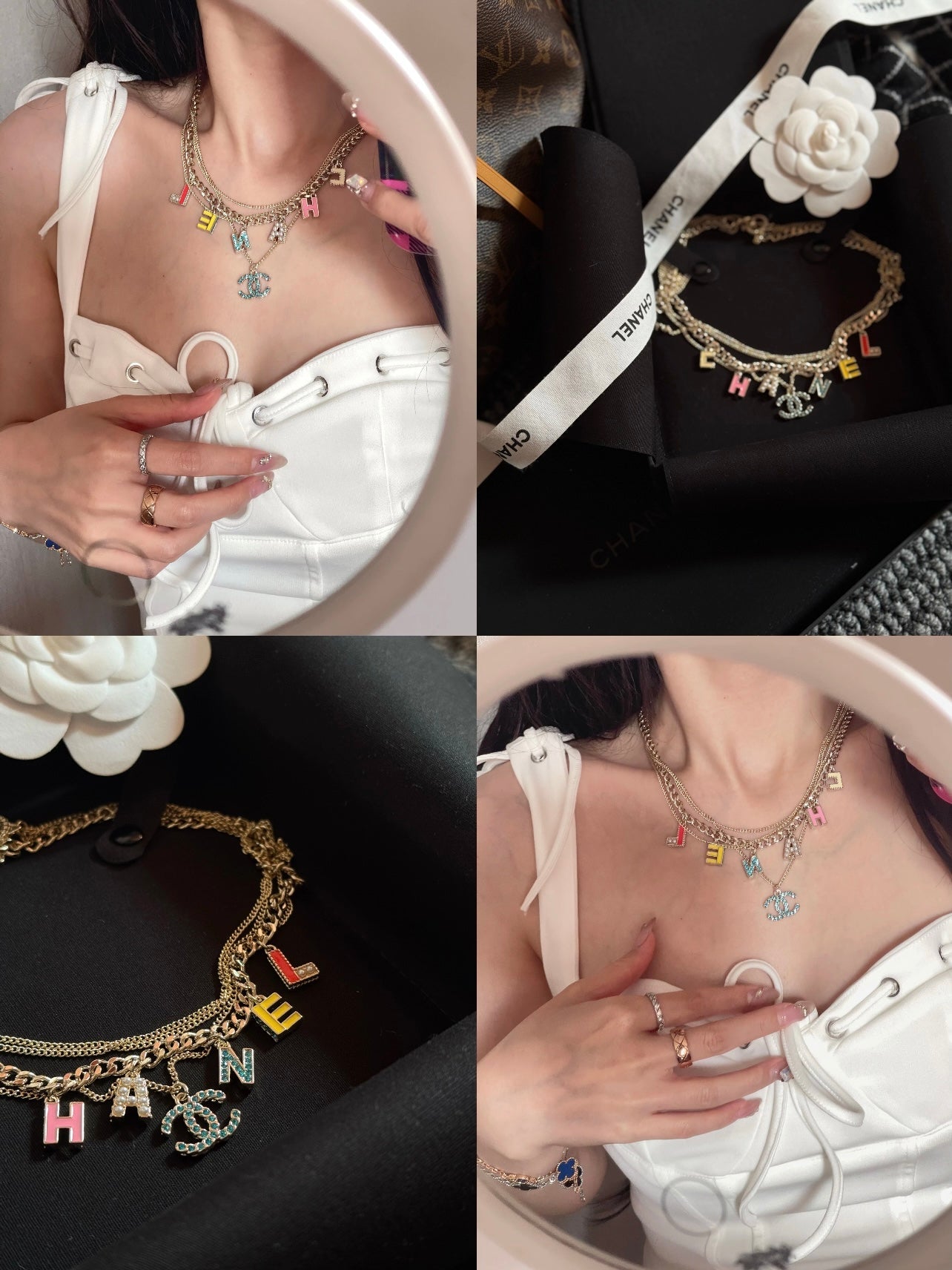 VINTAGE MULTI-LAYER ENAMEL LETTER NECKLACE IN COLORFUL BLUE DIAMOND DOUBLE C