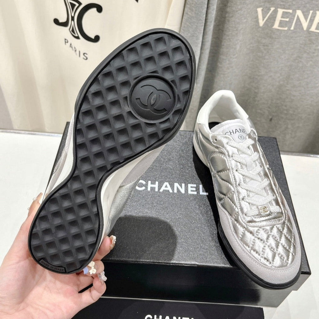 Double C  New Quilted Panda Shoes Silver Sheepskin