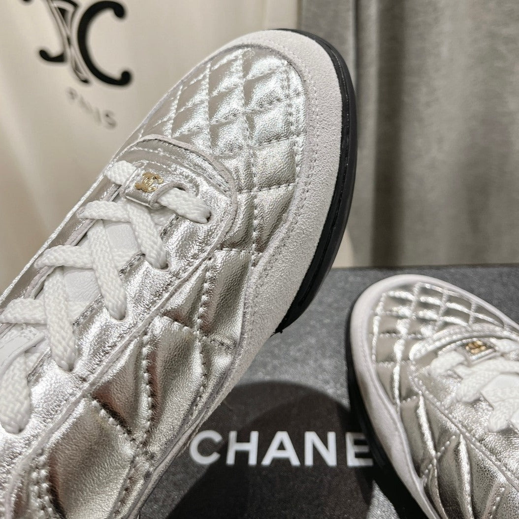 Double C  New Quilted Panda Shoes Silver Sheepskin