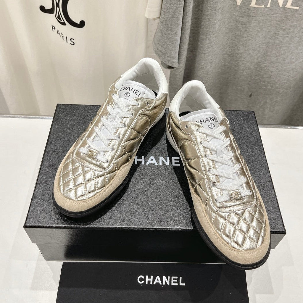 Double C  New Quilted Panda Shoes Gold Sheepskin