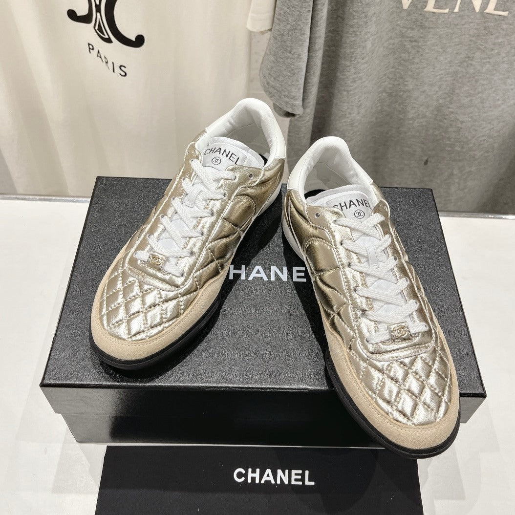 Double C  New Quilted Panda Shoes Gold Sheepskin