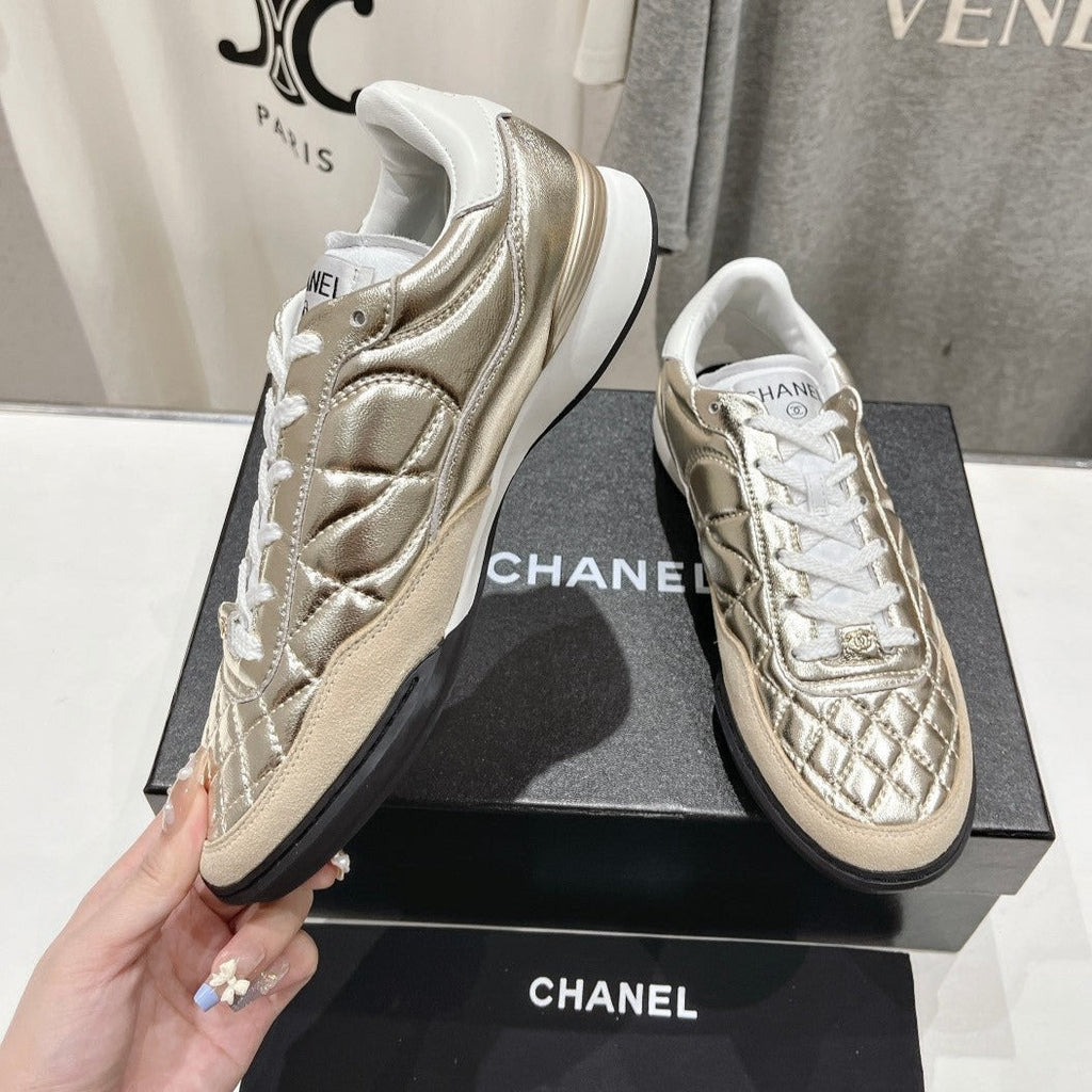 Double C  New Quilted Panda Shoes Gold Sheepskin