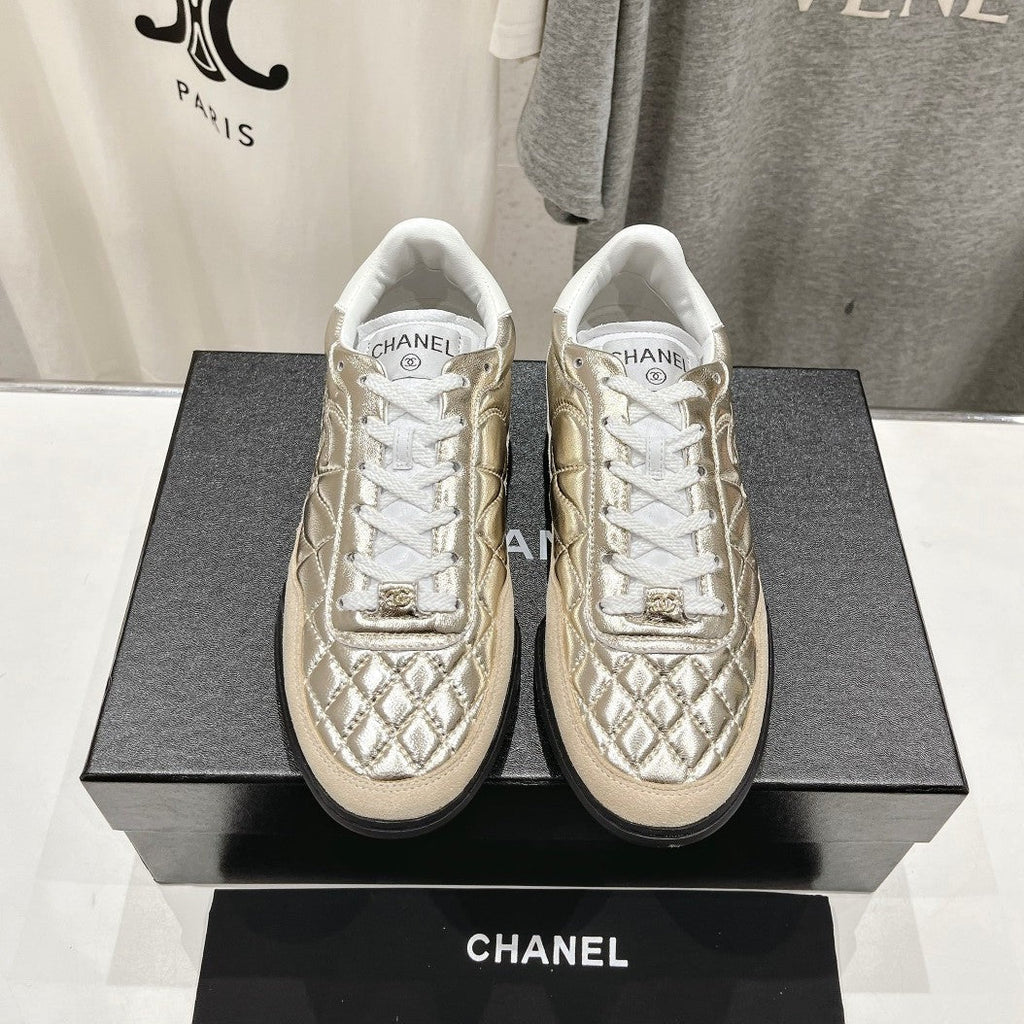 Double C  New Quilted Panda Shoes Gold Sheepskin