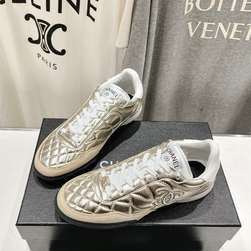 Double C  New Quilted Panda Shoes Gold Sheepskin