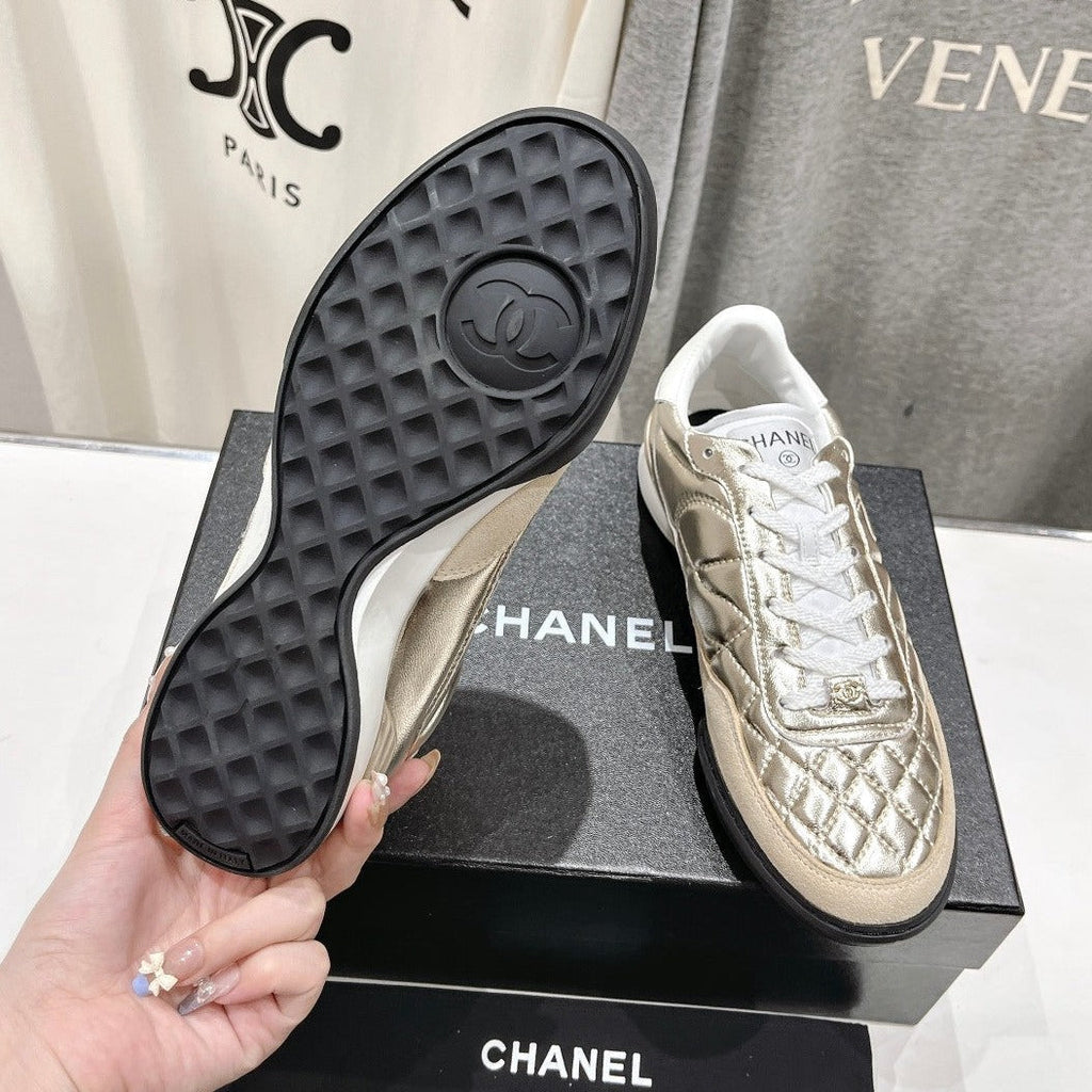 Double C  New Quilted Panda Shoes Gold Sheepskin