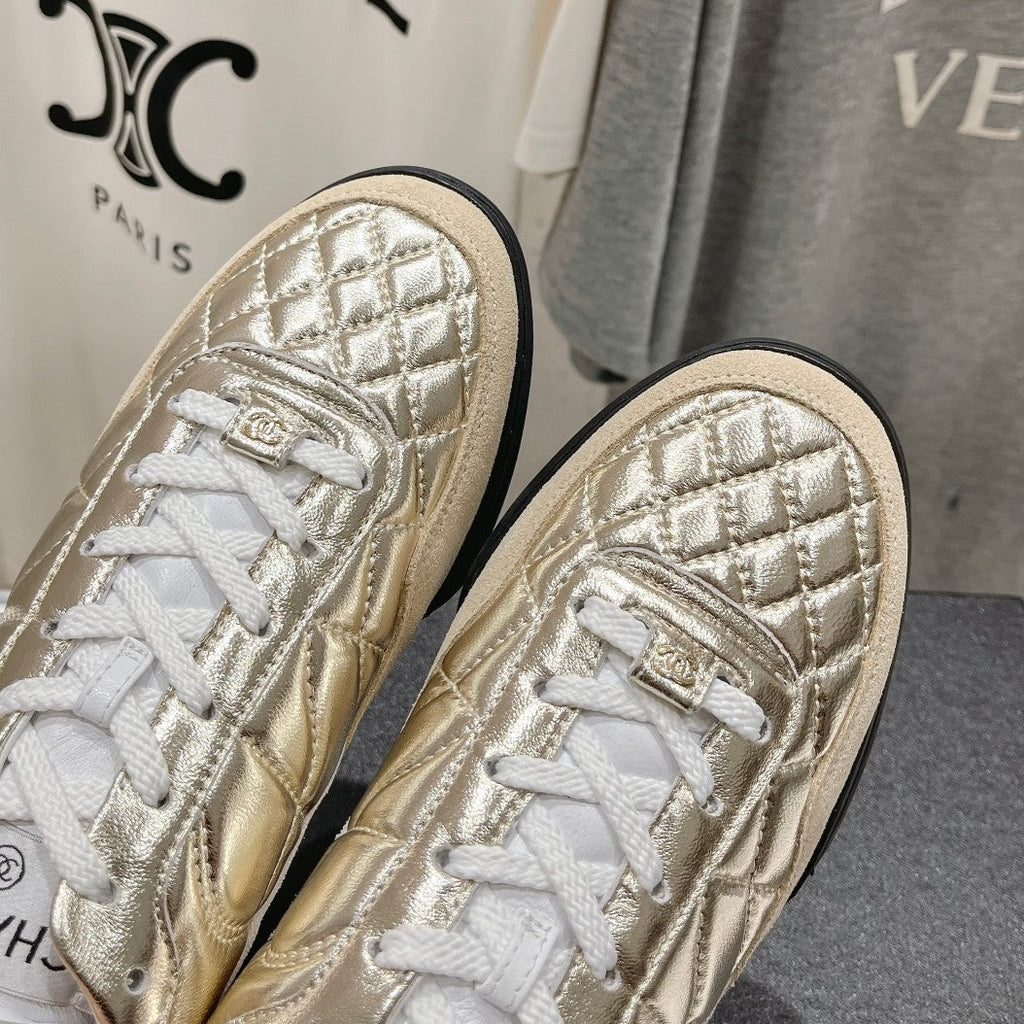 Double C  New Quilted Panda Shoes Gold Sheepskin