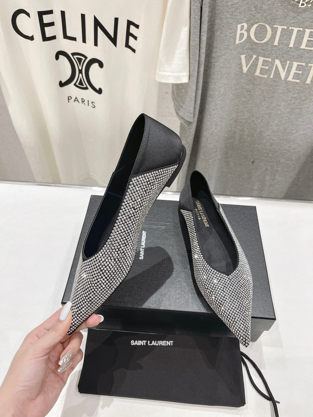 SL NOUR LEOPARD POINT TOE BALLET BLACK CRYSTAL SATIN