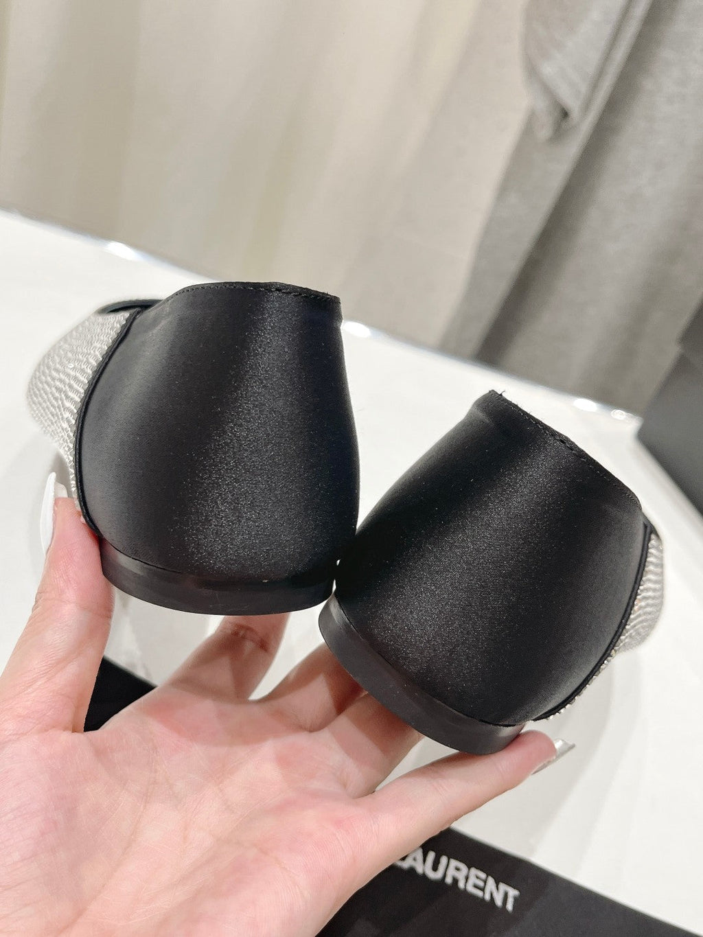 SL NOUR LEOPARD POINT TOE BALLET BLACK CRYSTAL SATIN