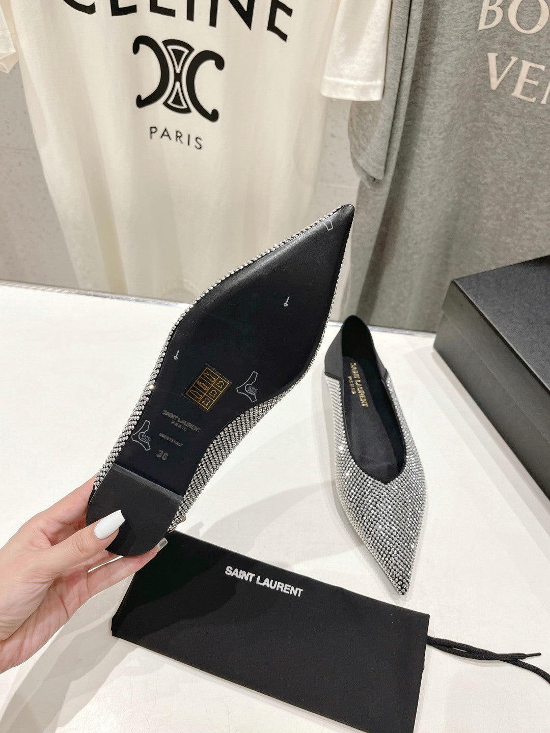 SL NOUR LEOPARD POINT TOE BALLET BLACK CRYSTAL SATIN