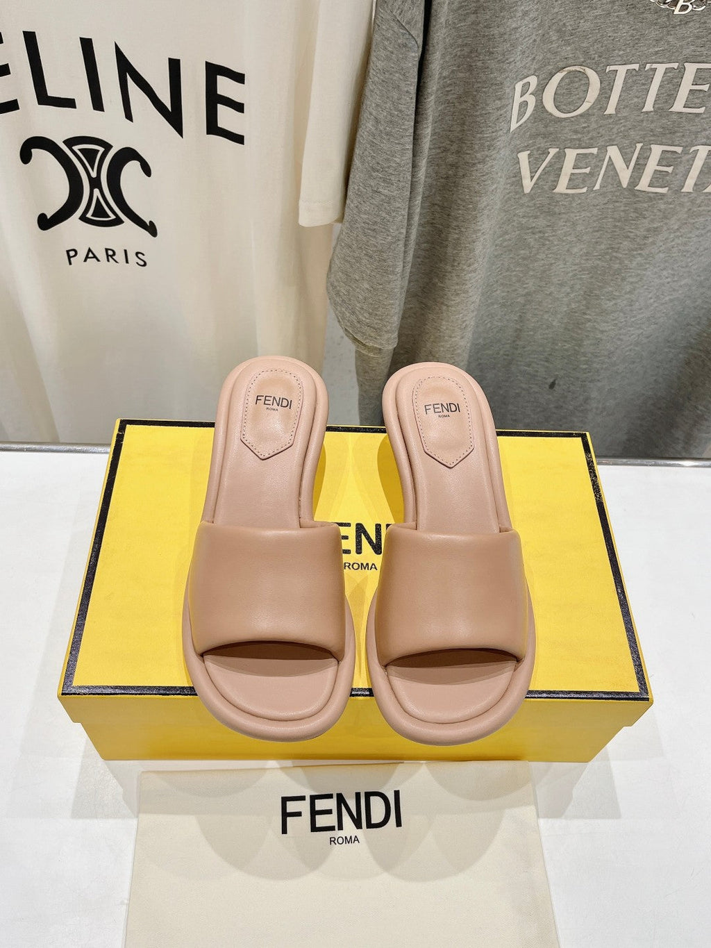 FENDI BAGUETTE MEDIUM-HEEL SANDALS 45 MM IN DESERT SAND CALFSKIN