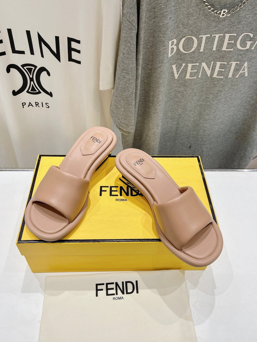 FENDI BAGUETTE MEDIUM-HEEL SANDALS 45 MM IN DESERT SAND CALFSKIN
