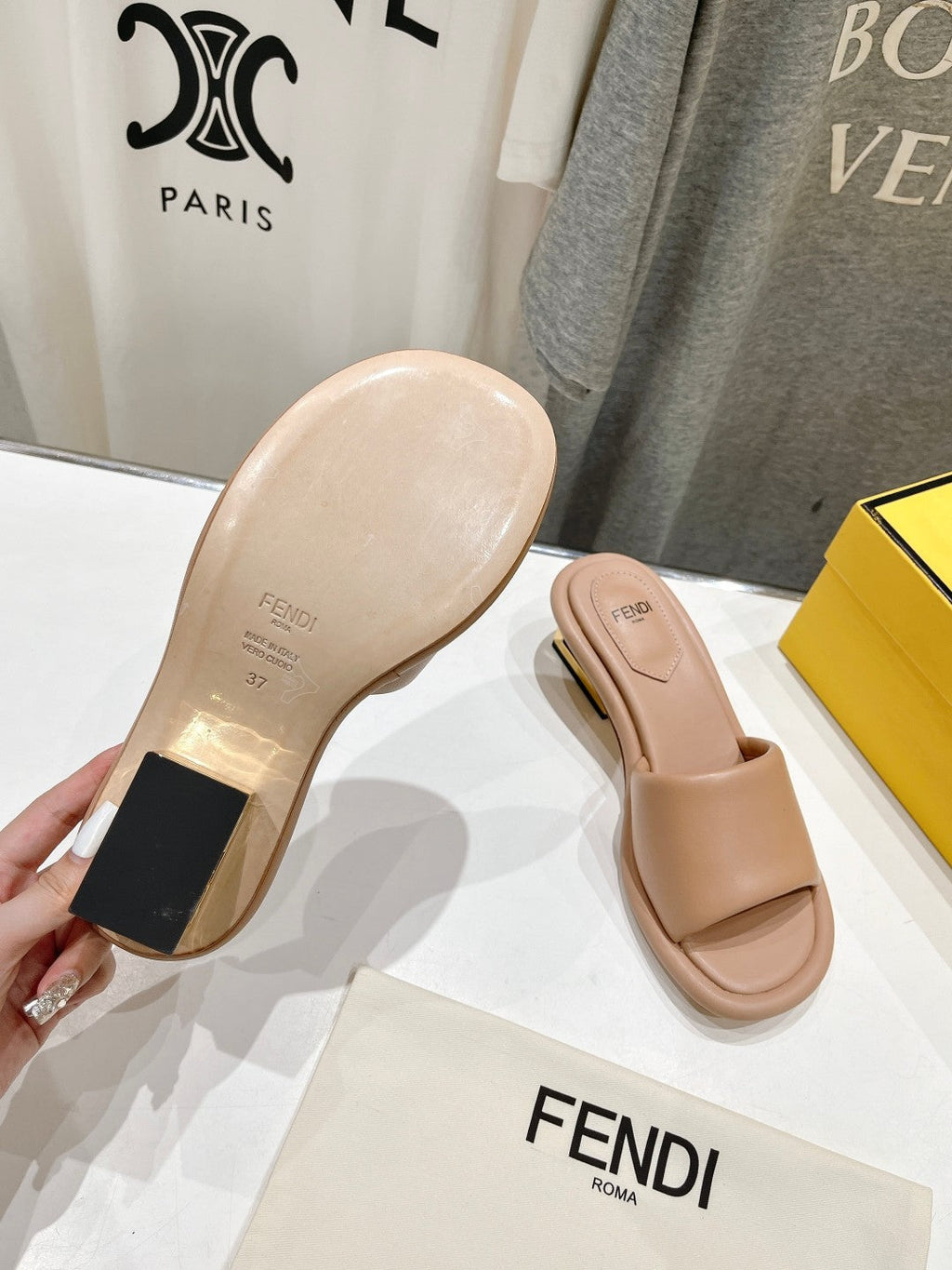 FENDI BAGUETTE MEDIUM-HEEL SANDALS 45 MM IN DESERT SAND CALFSKIN