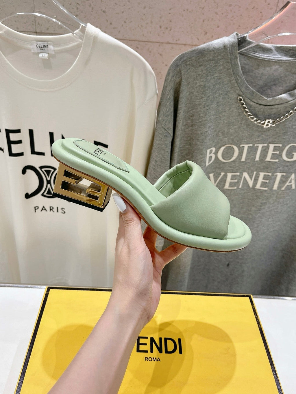 FENDI BAGUETTE MEDIUM-HEEL SANDALS 45 MM IN GREEN MINT CALFSKIN