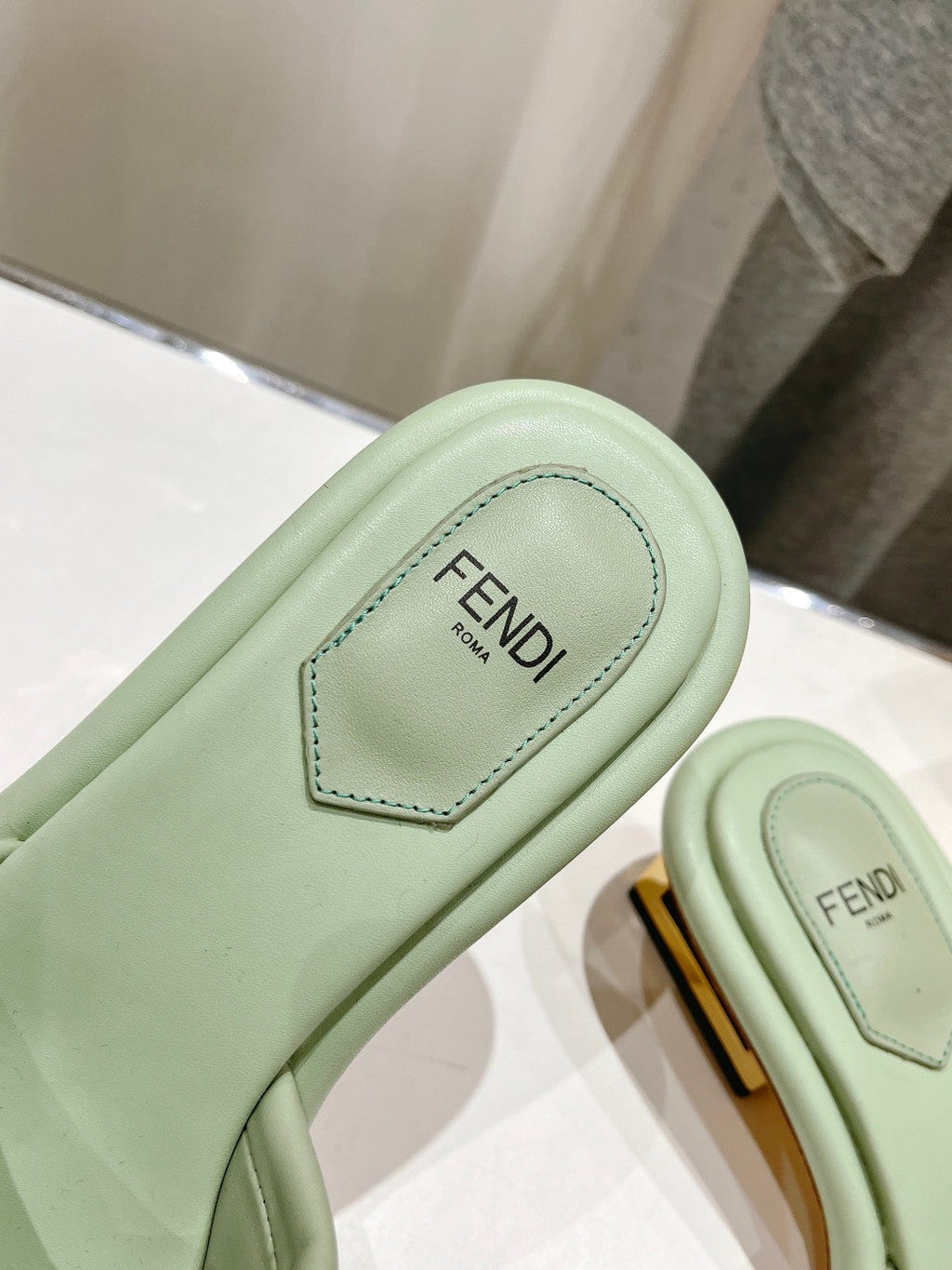 FENDI BAGUETTE MEDIUM-HEEL SANDALS 45 MM IN GREEN MINT CALFSKIN