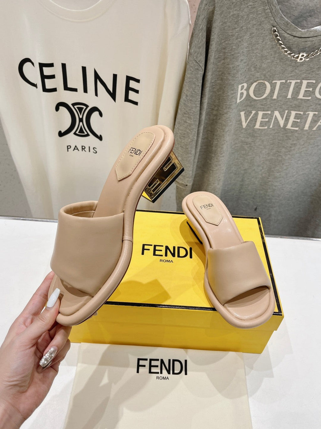 FENDI BAGUETTE MEDIUM-HEEL SANDALS 45 MM IN BISQUE BEIGE CALFSKIN
