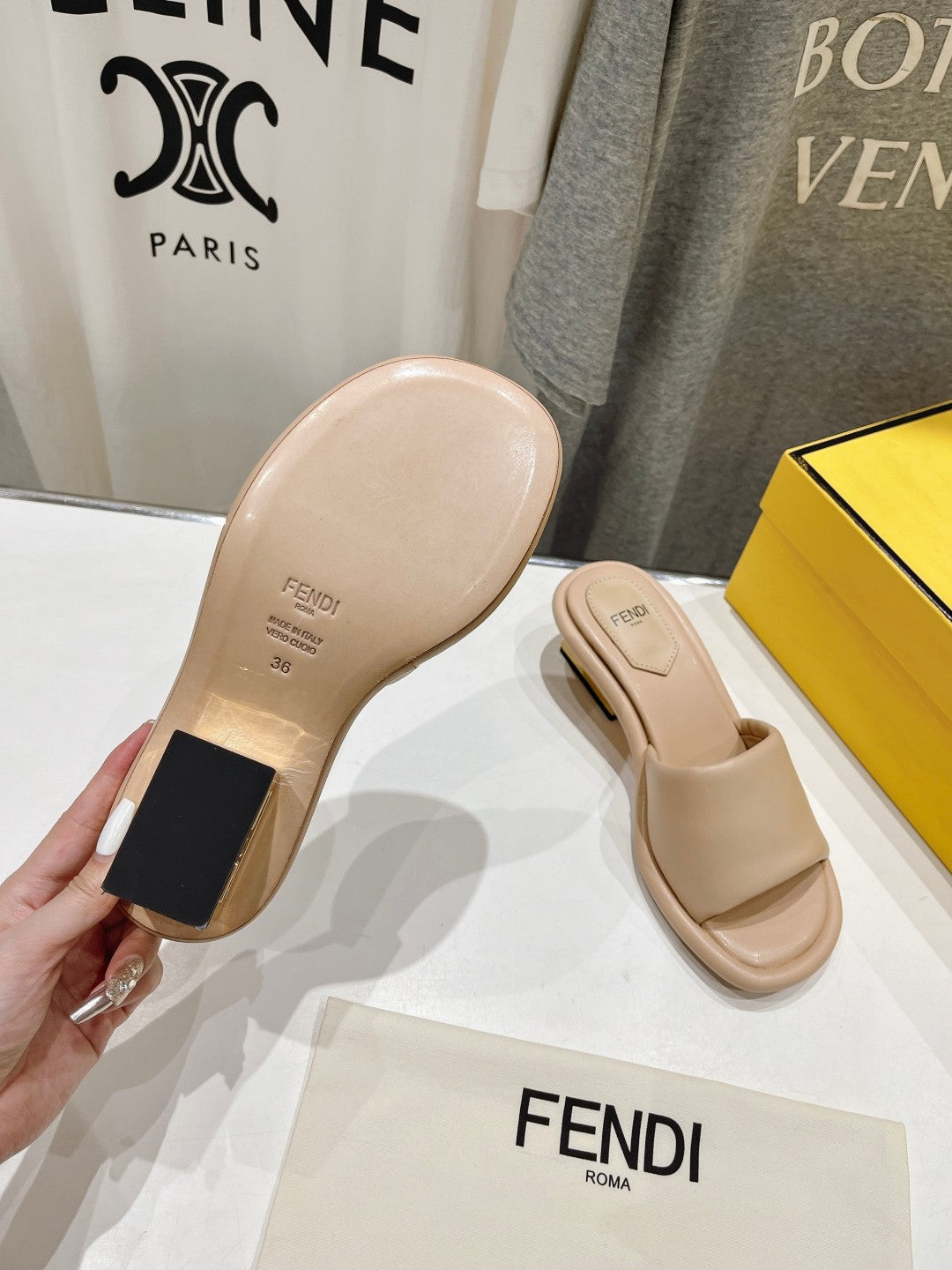 FENDI BAGUETTE MEDIUM-HEEL SANDALS 45 MM IN BISQUE BEIGE CALFSKIN