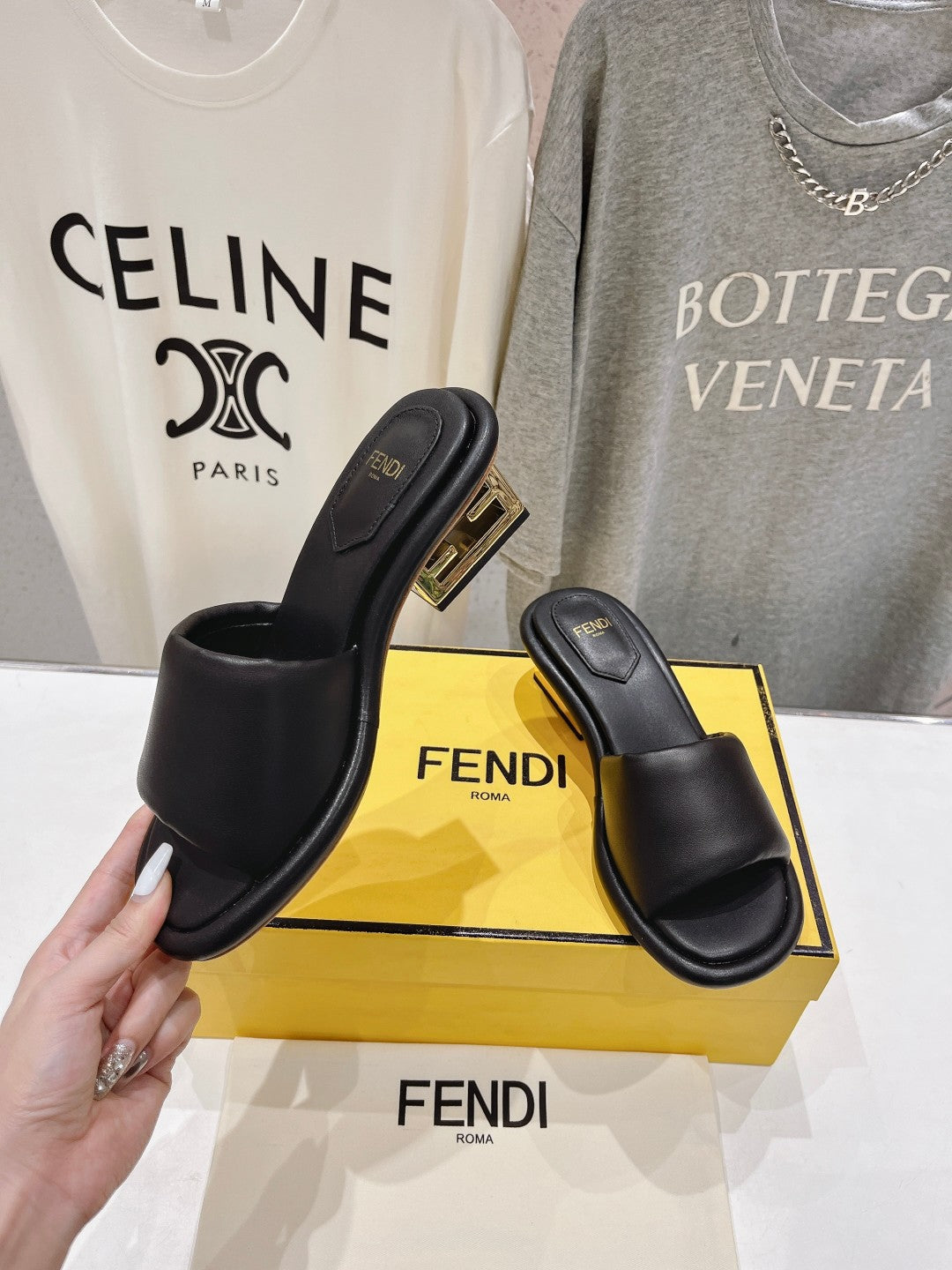 FENDI BAGUETTE MEDIUM-HEEL SANDALS 45 MM IN BLACK CALFSKIN