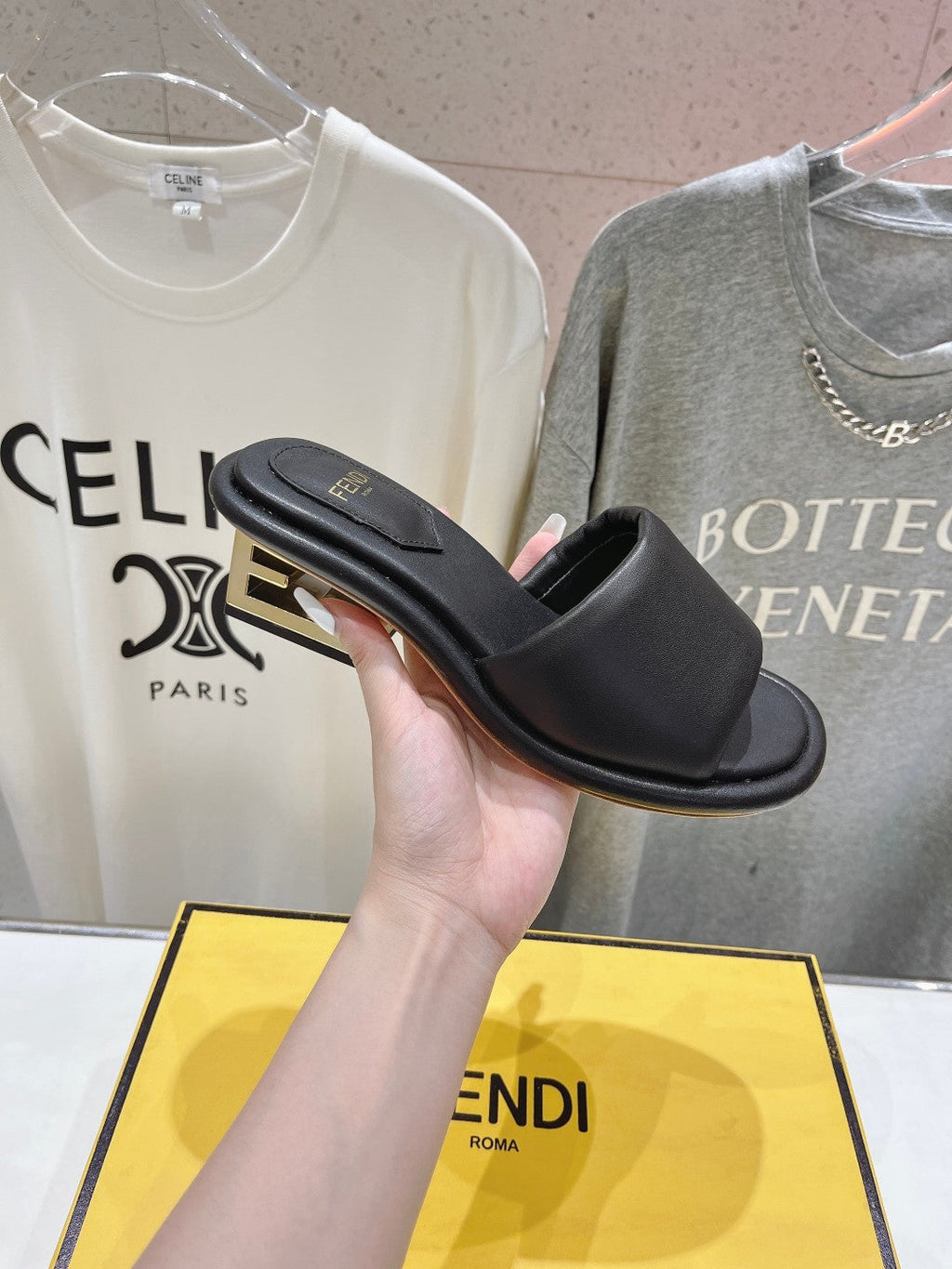 FENDI BAGUETTE MEDIUM-HEEL SANDALS 45 MM IN BLACK CALFSKIN