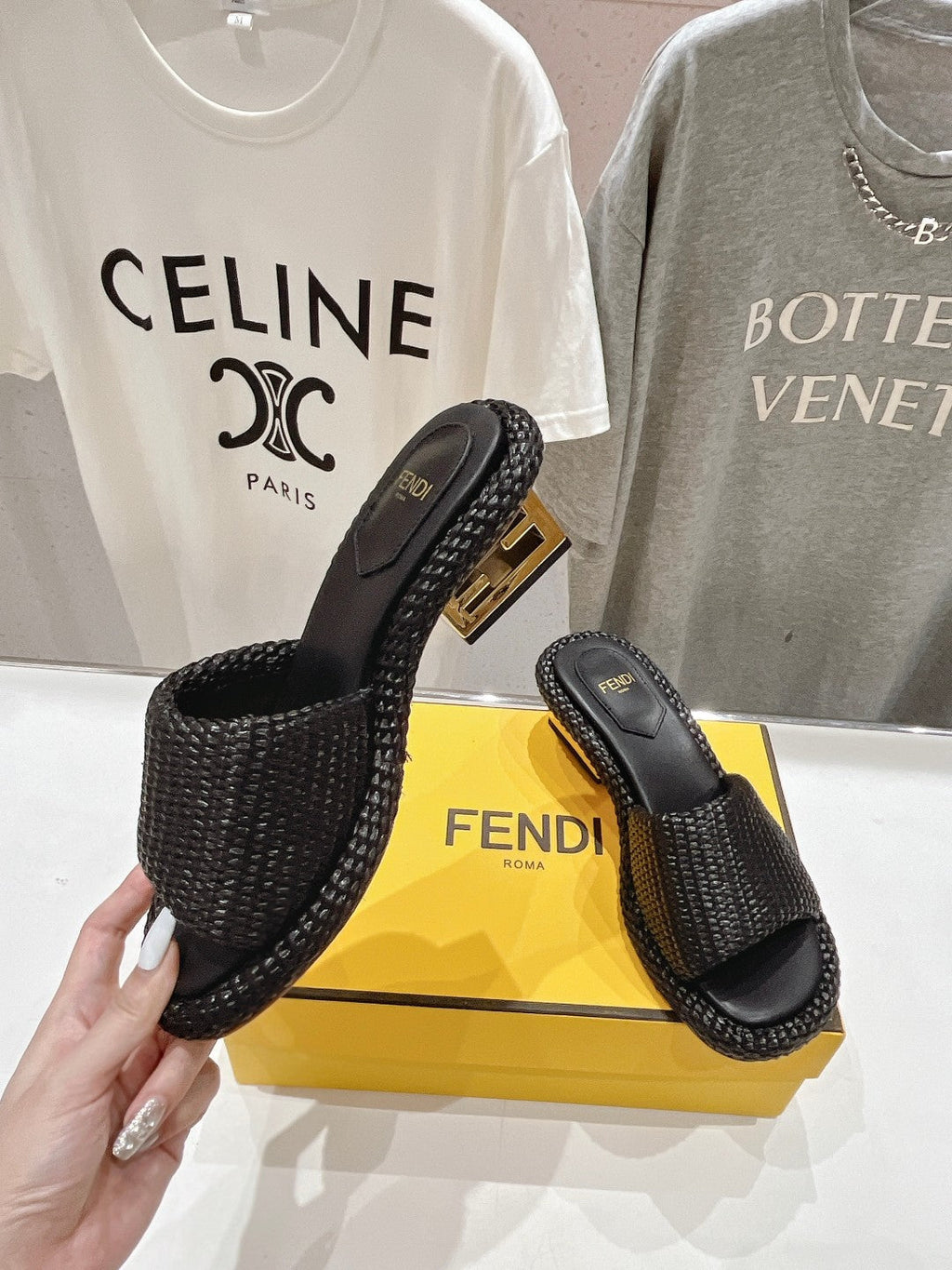 FENDI FFOLD MEDIUM-HEEL SANDALS 45 MM IN BLACK COTTON FIBRE