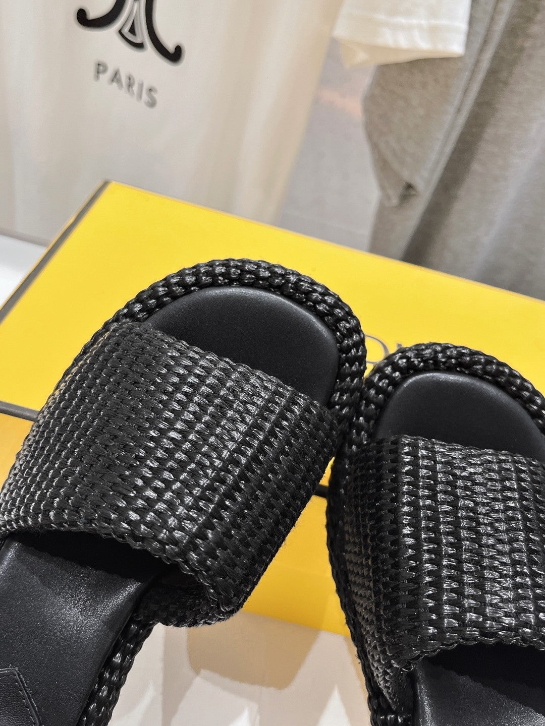 FENDI FFOLD MEDIUM-HEEL SANDALS 45 MM IN BLACK COTTON FIBRE