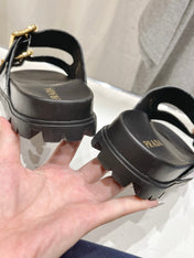 PRA CROCODILE MOTIF STRAP SLIDES SANDALS BLACK AND LAPIS CALFSKIN