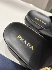 PRA CROCODILE MOTIF STRAP SLIDES SANDALS BLACK CALFSKIN