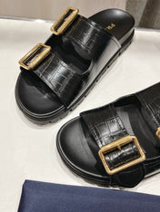 PRA CROCODILE MOTIF STRAP SLIDES SANDALS BLACK CALFSKIN